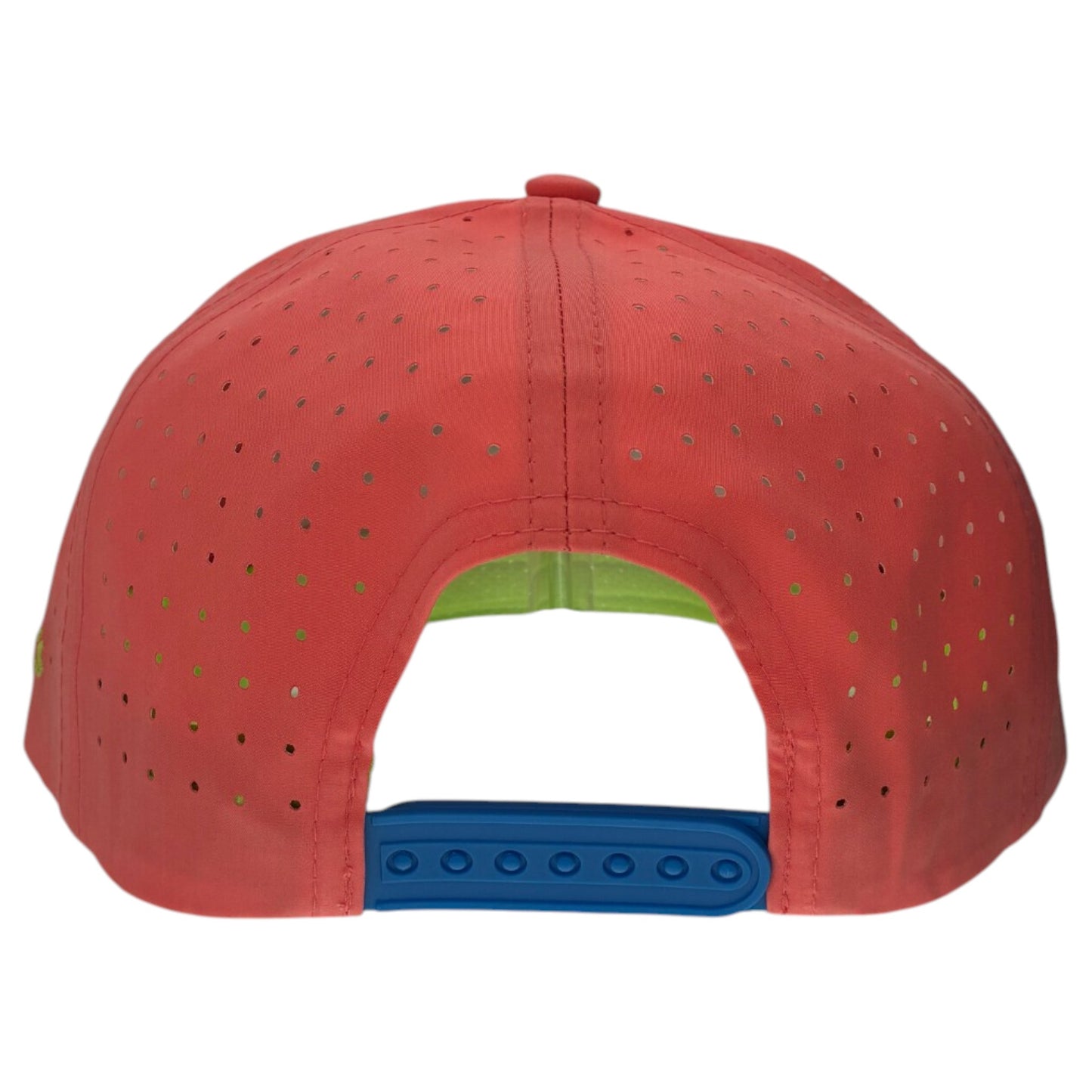 Back view of the Tree Frog Golf Hat Snapback Cap in coral pink, featuring perforated fabric, a blue adjustable snapback, light green lining, and a built-in magnetic ball marker holder with marker—ideal for golf lovers seeking style and function.