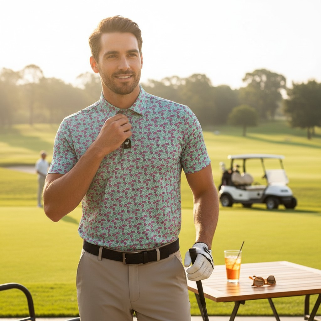 A man in the Men's Frosted Animal Cookies Golf Polo stands smiling with a club on a sunny course. Behind him are a table with an iced drink, a golf cart, and vibrant trees and grass, highlighting the shirt's moisture-wicking performance.