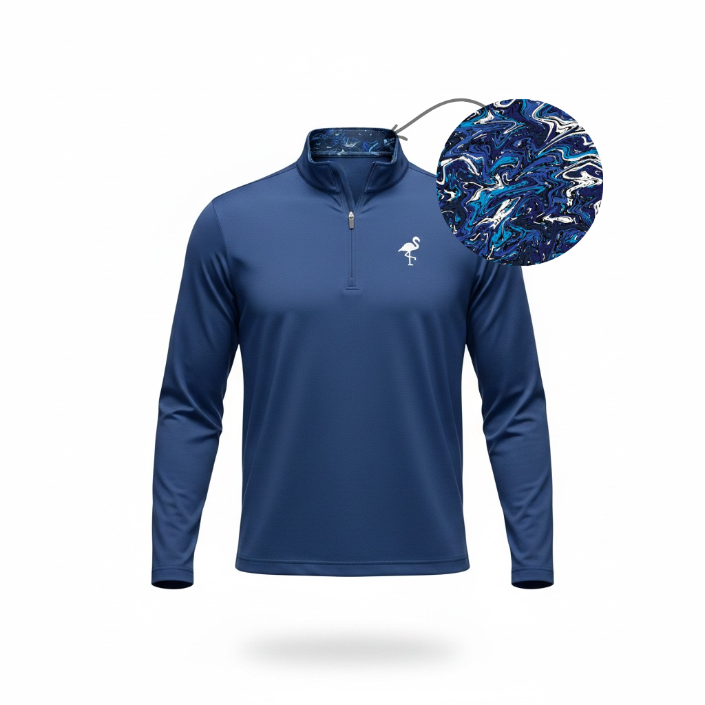 The Unisex Marble Wave Performance Quarter Zip is a lightweight, moisture-wicking golf pullover in blue with a white flamingo logo and an inner collar featuring a swirling blue, white, and black abstract pattern for added comfort.