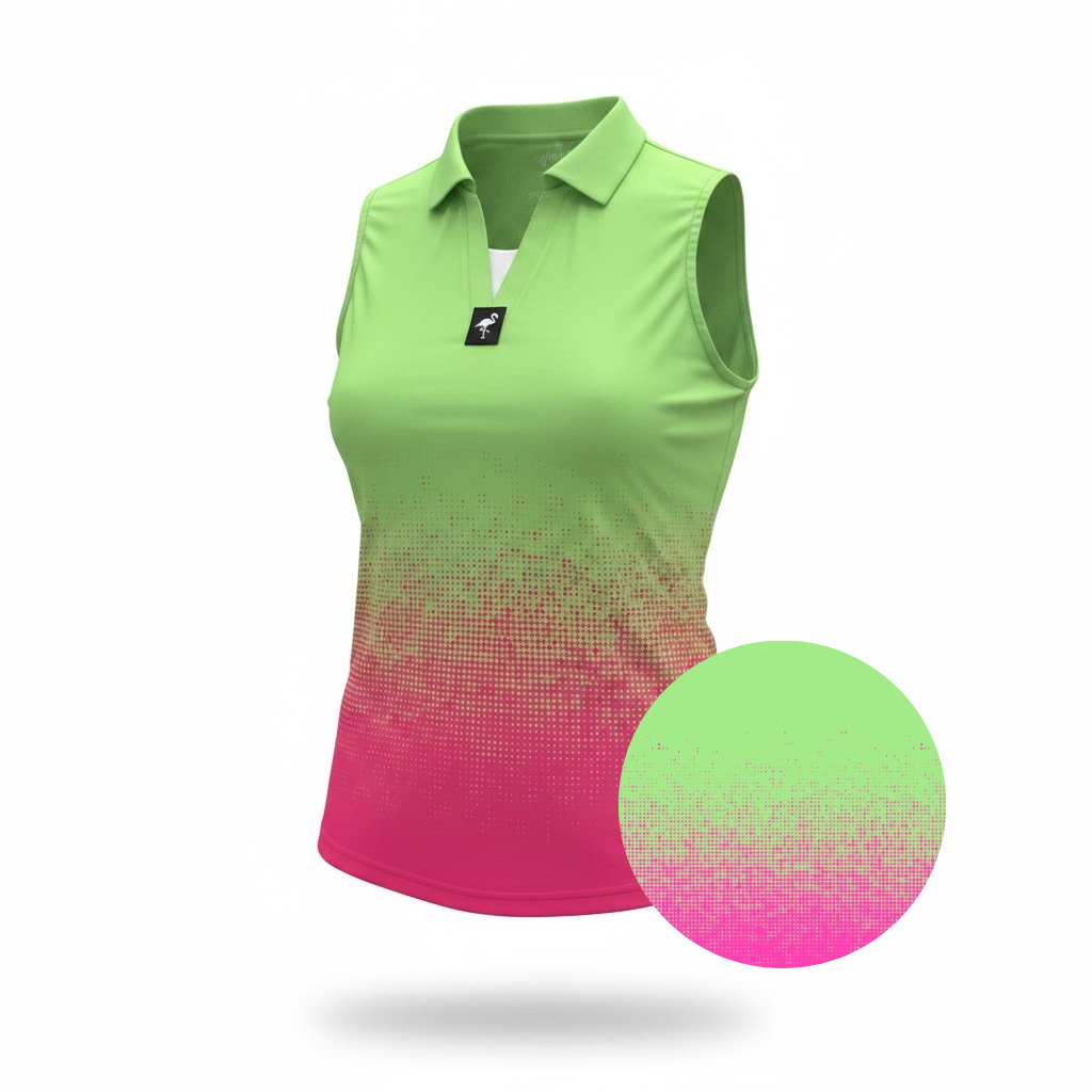 The Women's Watermelon Sunset Golf Polo features a green-to-pink pixelated gradient, highlighted in a close-up circle to show color detail and moisture-wicking fabric on this performance stretch athletic shirt.