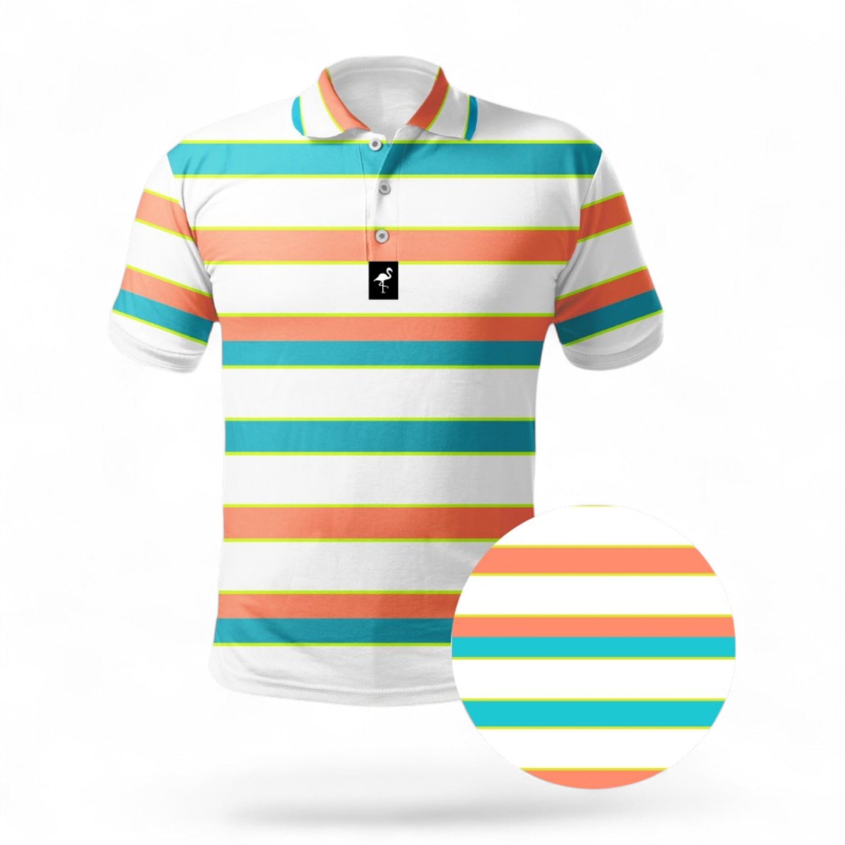 The Men's Beach Boardwalk Golf Polo is a lightweight, moisture-wicking athletic shirt with orange, teal, yellow, and blue horizontal stripes, featuring a collared design with buttons and a close-up of the vibrant stripe pattern.
