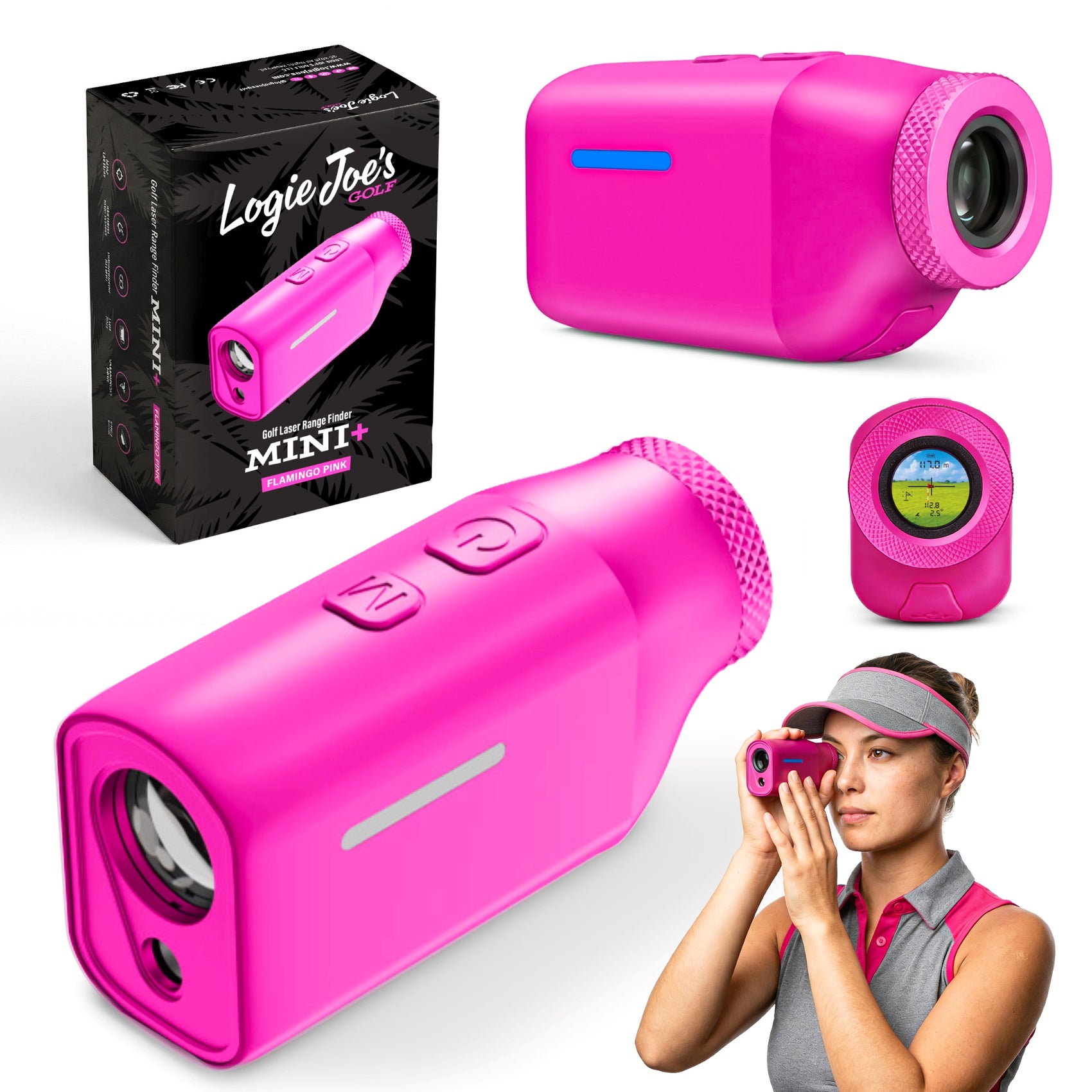 The MINI+ Golf Rangefinder in Flamingo Pink is shown from several angles with its packaging. Its circular display highlights a golf course image, and a woman in a visor uses the compact device.