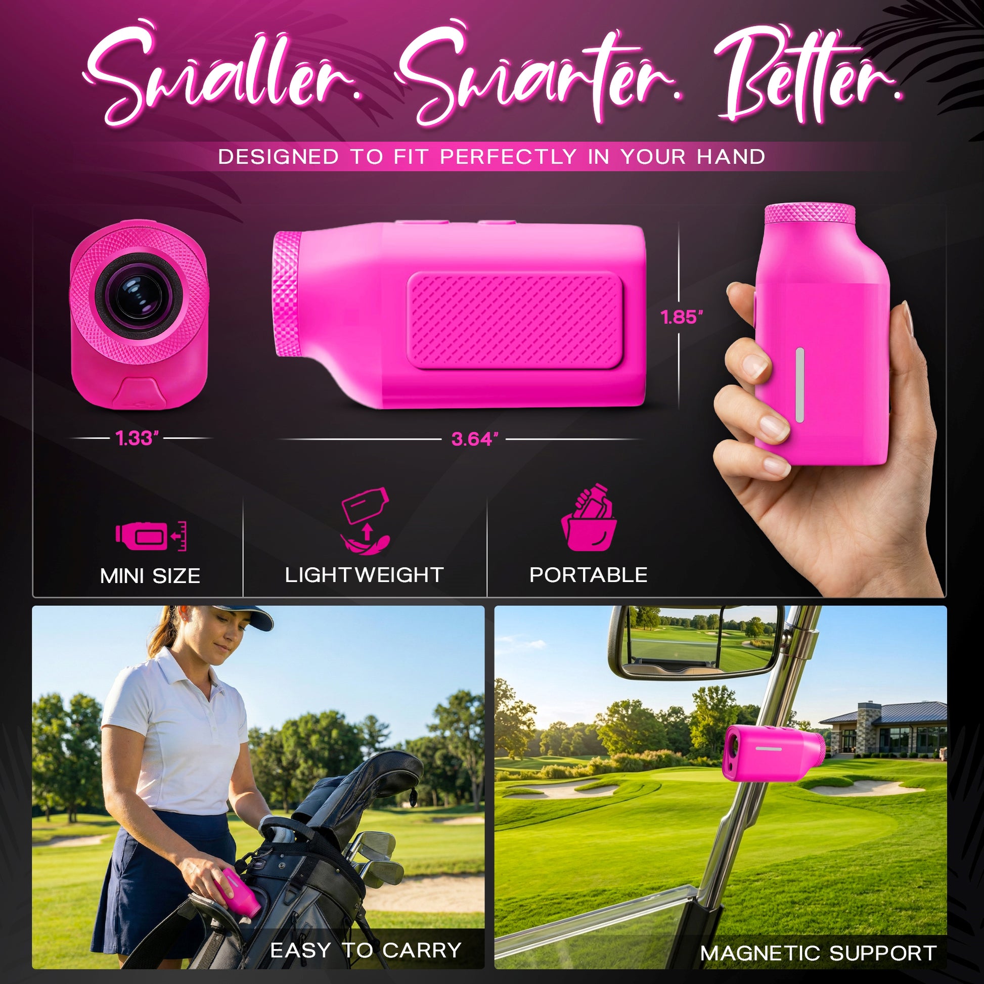 Promotional image of the MINI+ Golf Rangefinder in Flamingo Pink, highlighting its compact size, lightweight design, easy portability for golfers, magnetic cart mount, and advanced slope technology for precise distance measurement.