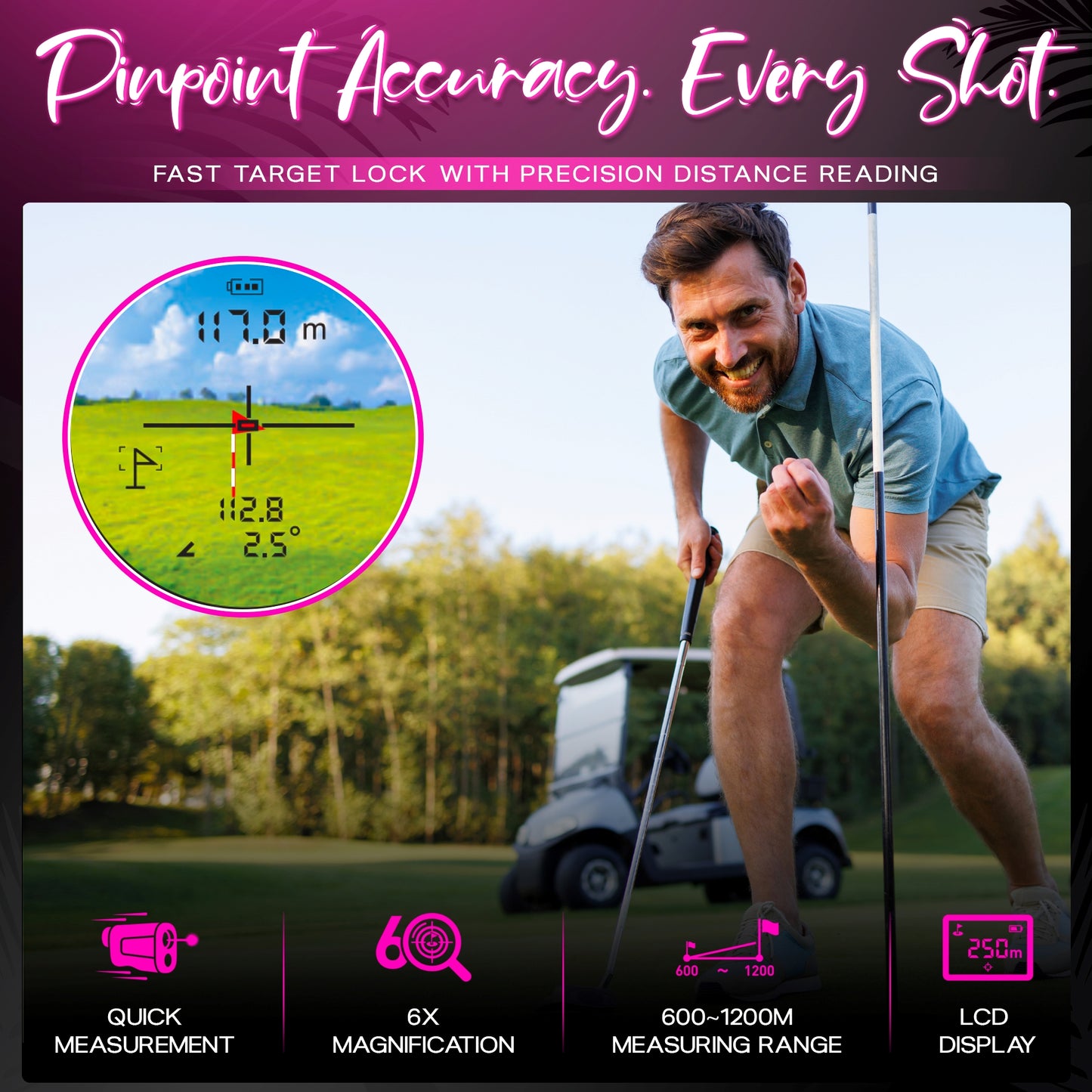 A smiling man with a golf club bends on the course. Inset: MINI+ Golf Rangefinder | Flamingo Pink—fast target lock, quick measurement, 6x magnification, compact build, LCD display, and up to 1200m range.
