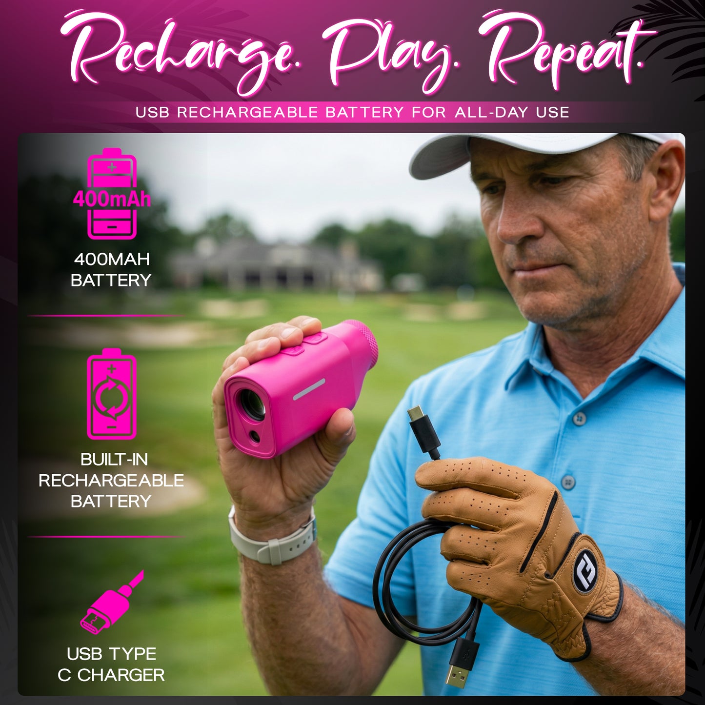 A man in a golf glove holds the MINI+ Golf Rangefinder | Flamingo Pink, featuring slope technology, a built-in 400mAh battery, and USB Type-C charging. "Recharge. Play. Repeat." appears at the top in pink script.